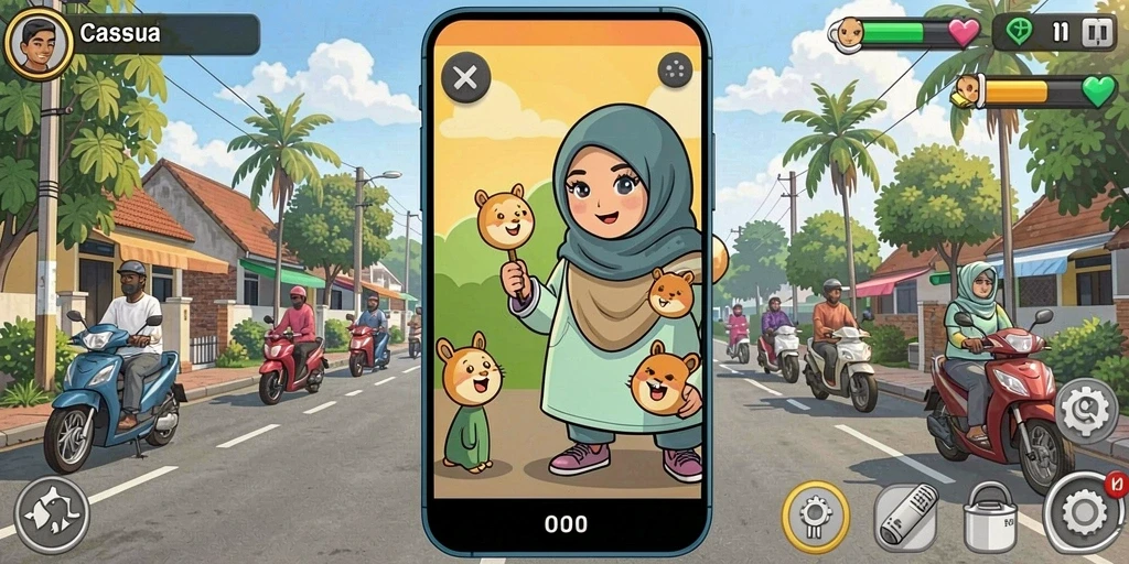 Screenshot menunjukkan karakter utama dalam aksi di level menantang.